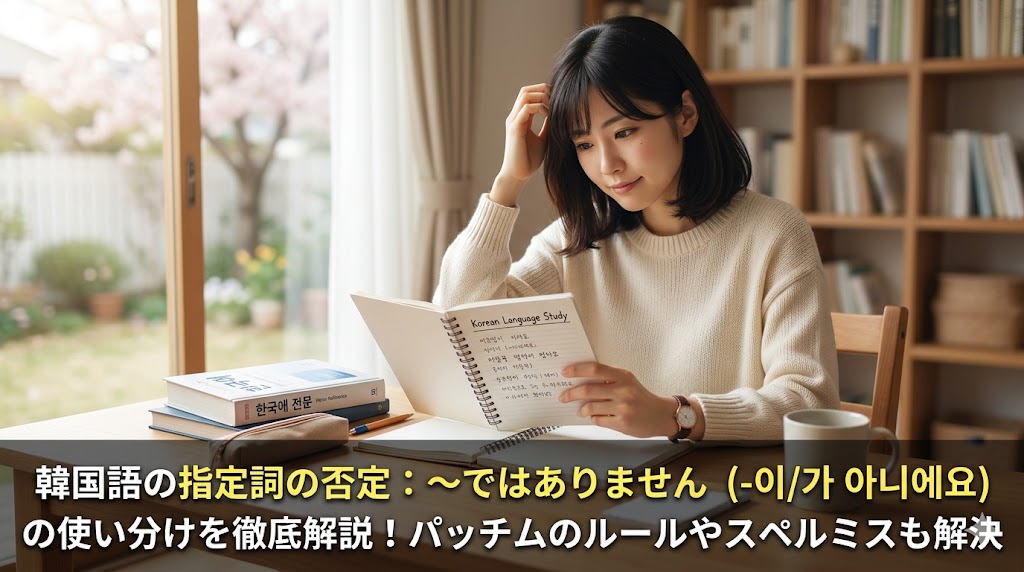 韓国語の学習者が、教材を見ながら「〜ではありません」の使い分けを勉強しているアイキャッチ画像。記事タイトル「韓国語の指定詞の否定：〜ではありません（-이/가 아니에요）の使い分けを徹底解説！パッチムのルールやスペルミスも解決」が下部に表示されている。