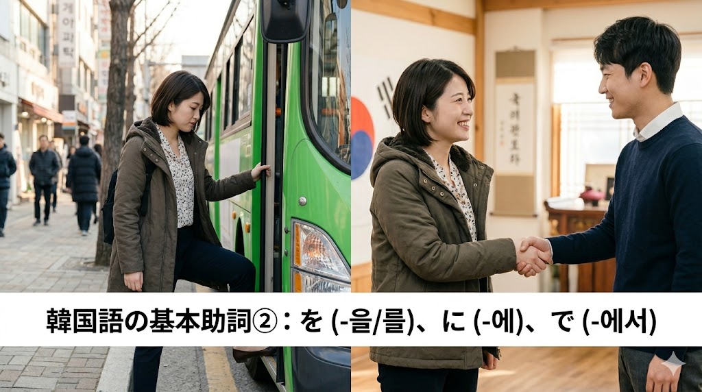 韓国語の基本助詞を解説する記事のアイキャッチ画像。日本人女性がバスに乗る動作と友達と挨拶する様子が実際の人間の写真で表現されており、下部に記事タイトル「韓国語の基本助詞②：を（-을/를）、に（-에）、で（-에서）」のテキストが入っている。