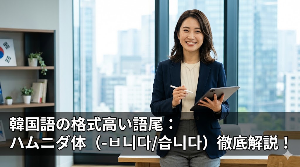 オフィスで笑顔で解説する女性講師。韓国語の格式高い語尾『ハムニダ体（-ㅂ니다/습니다）』の作り方や活用方法を徹底解説！」