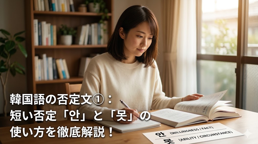 韓国語の否定文①：「안」と「못」の違いと使い方を徹底解説するアイキャッチ画像。自宅のデスクで韓国語のテキストを真剣に勉強している日本人の女性。