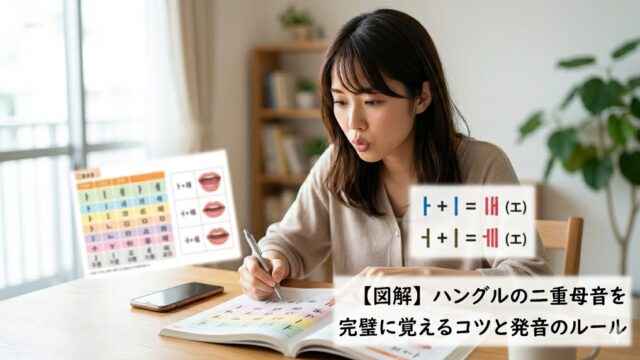 韓国語の学習に励む日本人女性の机の上に、記事タイトル「【図解】ハングルの二重母音を完璧に覚えるコツと発音のルール」が記載された、ブログ用のアイキャッチ画像。手元にはハングルの成り立ちを示す図解やテキストが広がっている。