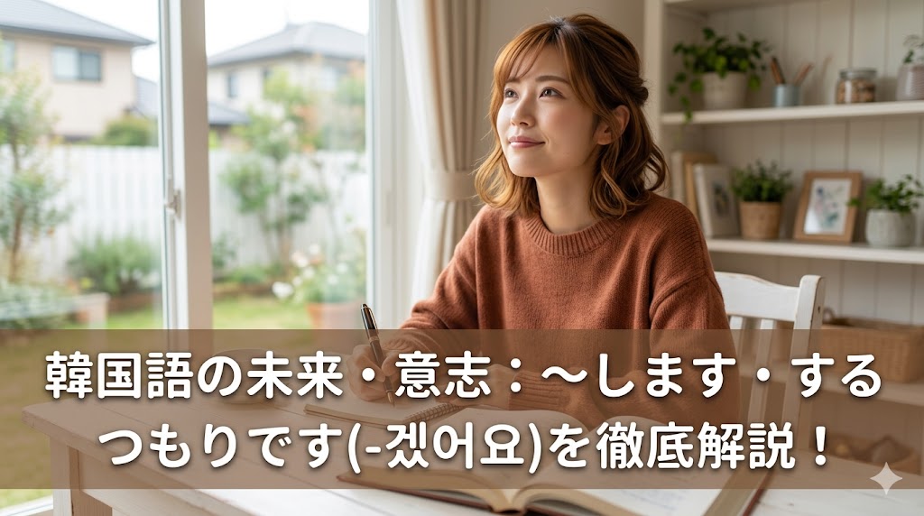 明るい窓際でノートを取りながら、前向きな表情で韓国語を学習する日本人の女性。画像下部には「韓国語の未来・意志：～します・するつもりです(-겠어요)を徹底解説！」という記事タイトルが配置されている。