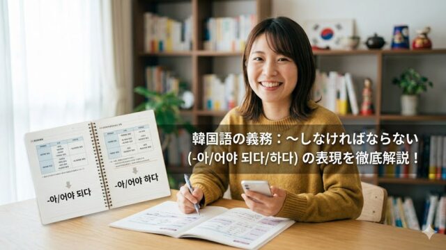 勉強部屋で笑顔を見せる日本人女性ホシと、記事タイトル「韓国語の義務：〜しなければならない（-아/어야 되다/하다）の表現を徹底解説！」が統合された、学習意欲を掻き立てるアイキャッチ画像。