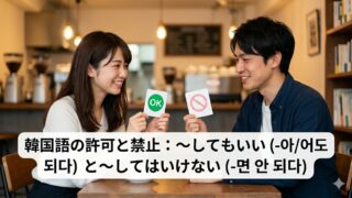 カフェで韓国語の許可と禁止の文法を楽しく学ぶ日本人男性と女性。画像下部に記事タイトルテキスト「韓国語の許可と禁止：〜してもいい（-아/어도 되다）と〜してはいけない（-면 안 되다）」が入ったアイキャッチ画像。