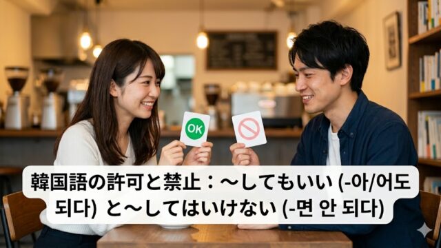 カフェで韓国語の許可と禁止の文法を楽しく学ぶ日本人男性と女性。画像下部に記事タイトルテキスト「韓国語の許可と禁止：〜してもいい（-아/어도 되다）と〜してはいけない（-면 안 되다）」が入ったアイキャッチ画像。