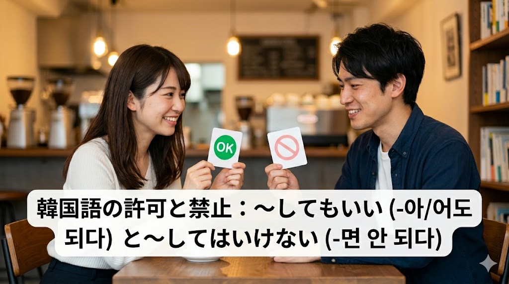カフェで韓国語の許可と禁止の文法を楽しく学ぶ日本人男性と女性。画像下部に記事タイトルテキスト「韓国語の許可と禁止：〜してもいい（-아/어도 되다）と〜してはいけない（-면 안 되다）」が入ったアイキャッチ画像。