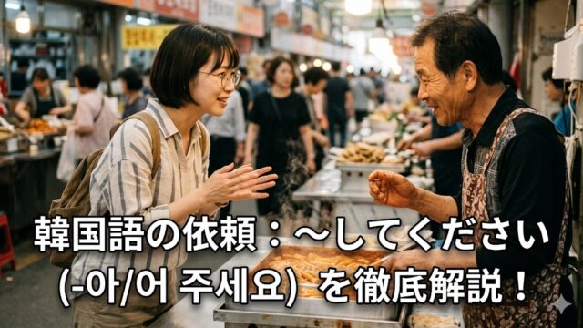 ソウルの広蔵市場で、日本人の女子留学生が屋台の店主に笑顔で韓国語の依頼表現「〜してください（-아/어 주세요）」を使って何かをお願いする様子を表現したアイキャッチ画像。画像下部に「韓国語の依頼：〜してください（-아/어 주세요）を徹底解説！」というタイトルテキストが入っている。普通の人間の画像。