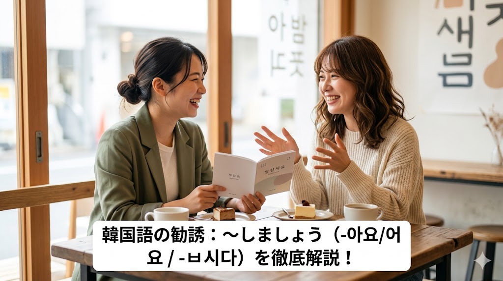 東京の韓国風カフェで、笑顔で会話を楽しむ2人の日本人女性。画像下部には「韓国語の勧誘：〜しましょう（-아요/어요 / -ㅂ시다）を徹底解説！」という記事タイトルが記載されている。