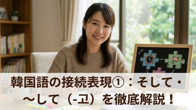 デスクで微笑む日本人女性と、手書きのアイコンが描かれた小さな黒板、そして韓国語のテキストが書かれた開いた教科書。画像下部には、日本語で「韓国語の接続表現①：そして・〜して（-고）を徹底解説！」というタイトルテキストが配置されている。このタイトルは記事のアイキャッチ画像であることを示している。