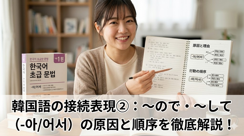 机の前に座り、開いたノートと韓国語の参考書を前にして笑顔を見せる、ベージュのカーディガンを着た日本人女性のアイキャッチ画像。彼女は右手に持ったペンで、ノートに書かれた「-아/어서」の文法解説（「原因と理由」と「行動の順序」の使い分けを示すフローチャート）を指差している。画像の下部には、白地に黒い縁取りの大きな文字で「韓国語の接続表現②：〜ので・〜して（-아/어서）の原因と順序を徹底解説！」というタイトルが配置されている。背景は本棚や観葉植物が柔らかくぼかされた、落ち着いた学習スペース。自然な光が差し込む暖かみのある雰囲気。