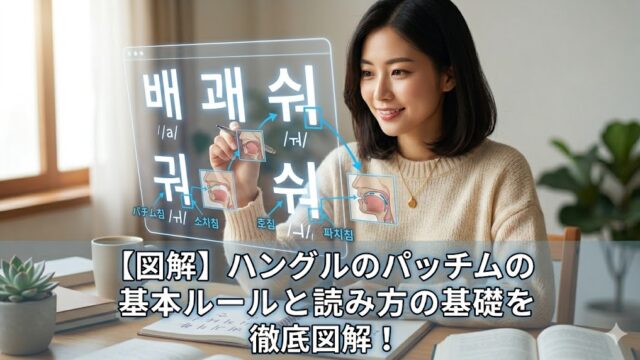 明るい部屋でホログラフィックディスプレイを使いながら韓国語を学習する日本人女性の画像。画像下部には「【図解】ハングルのパッチムの基本ルールと読み方の基礎を徹底図解！」という記事タイトルが記載されており、パッチムの仕組みを視覚的に学ぶイメージを表現している。