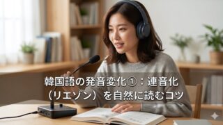 落ち着いた室内で、ヘッドフォンを着用しマイクに向かって韓国語の発音練習をする日本人女性の姿。画像下部には記事タイトル「韓国語の発音変化①：連音化（リエゾン）を自然に読むコツ」のテキストが配置されている。