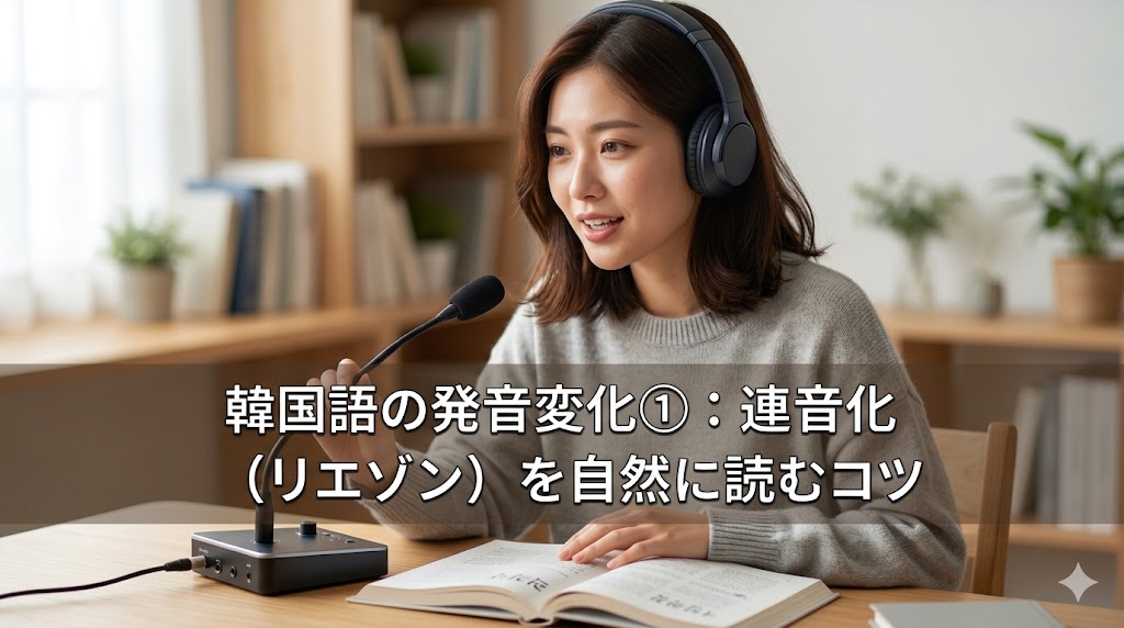 落ち着いた室内で、ヘッドフォンを着用しマイクに向かって韓国語の発音練習をする日本人女性の姿。画像下部には記事タイトル「韓国語の発音変化①：連音化（リエゾン）を自然に読むコツ」のテキストが配置されている。