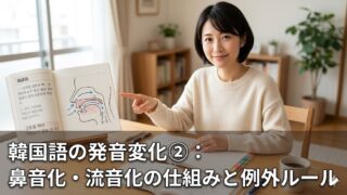 韓国語の発音変化②：鼻音化・流音化の仕組みと例外ルール。教材を指差し笑顔の日本人女性。