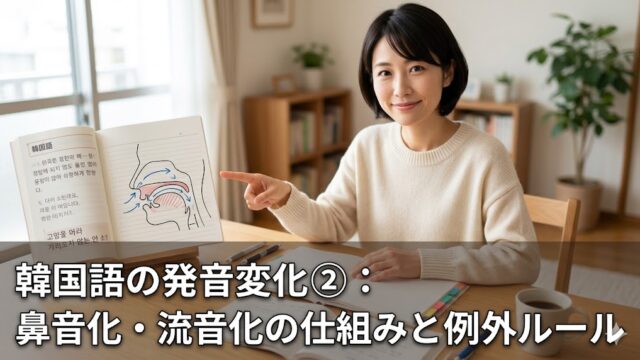 韓国語の発音変化②：鼻音化・流音化の仕組みと例外ルール。教材を指差し笑顔の日本人女性。