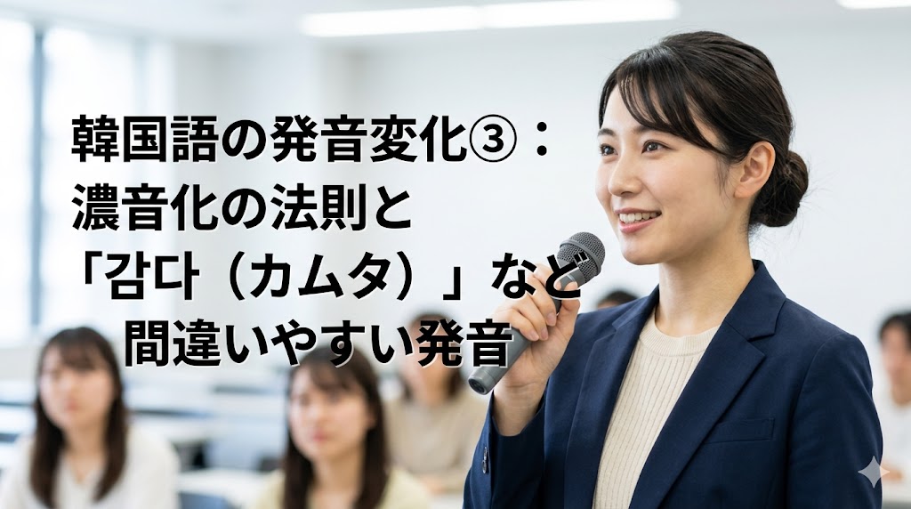 濃音化の法則と『감다（カムタ）』など間違いやすい発音」のタイトル文字が配置された、清潔感のあるアイキャッチ画像。