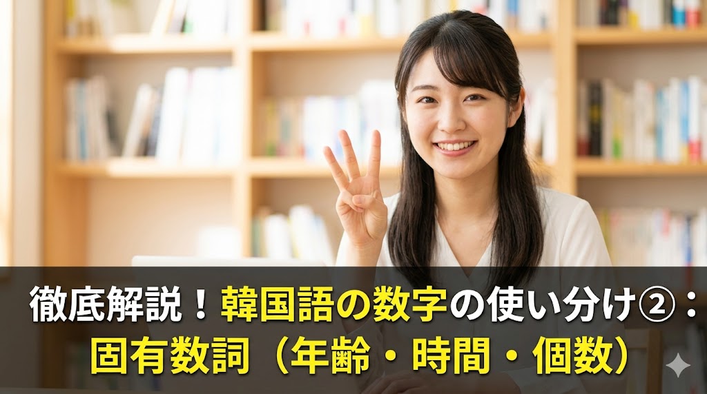 勉強部屋で指を3本立てて笑顔で数える日本人女性の画像。下部には「徹底解説！韓国語の数字の使い分け②：固有数詞（年齢・時間・個数）」という記事タイトルが日本語で描かれている。