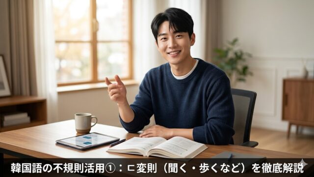 韓国語のㄷ変則を解説するアイキャッチ画像。教材のあるデスクで笑顔を見せる男性講師と、下部に配置された記事タイトル「韓国語の不規則活用①：ㄷ変則（聞く・歩くなど）を徹底解説」。