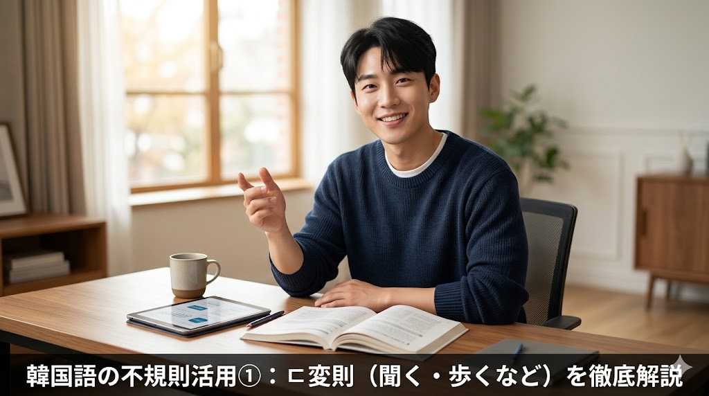 韓国語のㄷ変則を解説するアイキャッチ画像。教材のあるデスクで笑顔を見せる男性講師と、下部に配置された記事タイトル「韓国語の不規則活用①：ㄷ変則（聞く・歩くなど）を徹底解説」。