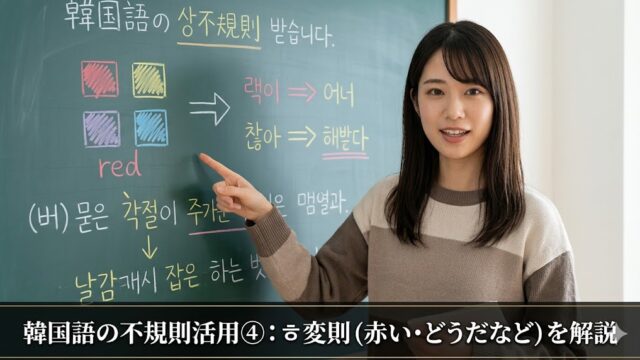 「韓国語の不規則活用④：ㅎ変則（赤い・どうだなど）を解説」というタイトルが下部に配置された、実際の人間の日本人女性が黒板を指さすアイキャッチ写真。