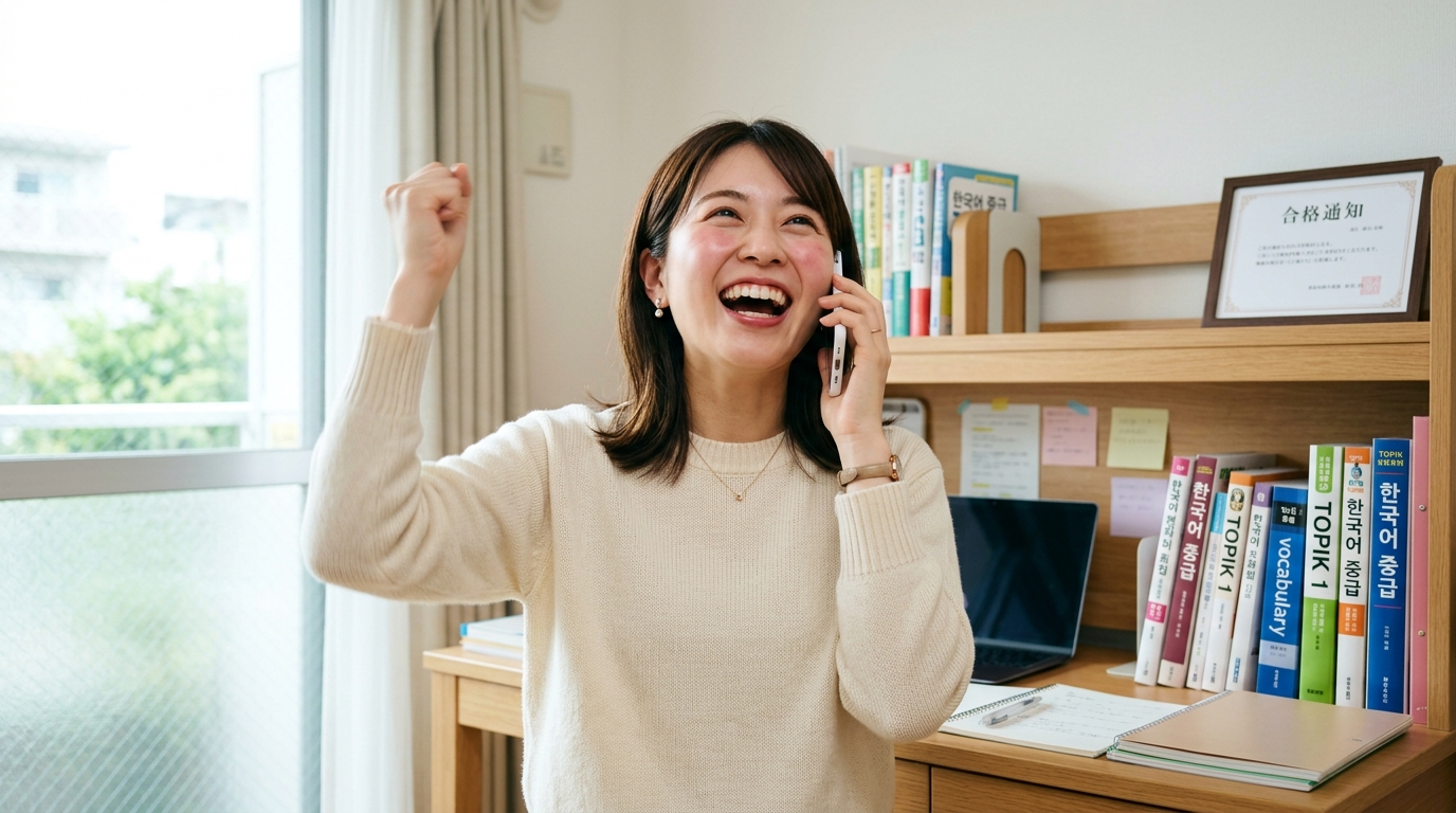 合格の喜びや疲労を話す実践ダイアログ